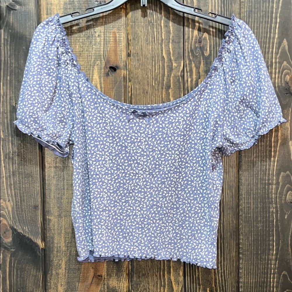 American Eagle Blue Micro Floral Crop Top XL Puff Sleeve Ruffles Cottage Country